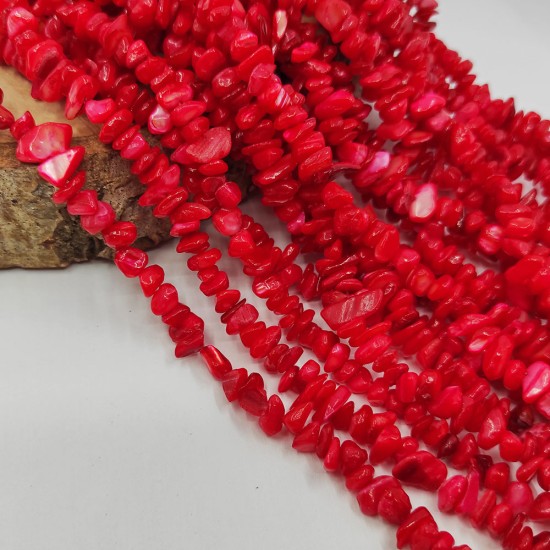 Kırmızı Sedef Taşı Kırık Taş Doğal Taş Dizi Boncuk ( 80 CM ) - KLCKR0051